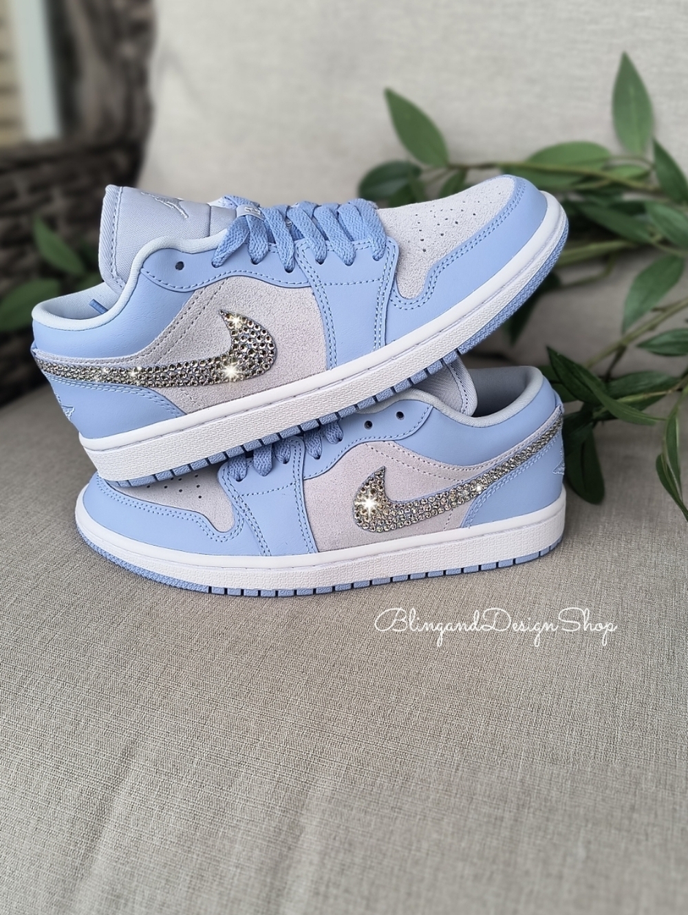 Bling Nike Air Jordan 1 Low Blue White Women's Sneakers Customized With Crystals - Picture 5 of 6